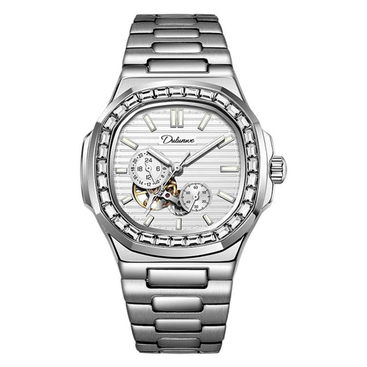 Men's automatic mechanical watch with white dial and silver stainless steel bracelet
