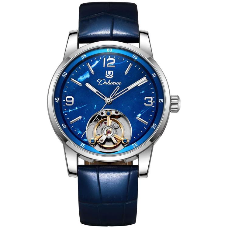 Men's automatic mechanical watch with blue leather strap and blue dial, open-heart movement