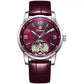Men's automatic mechanical watch with burgundy leather strap and maroon dial, open-heart movement