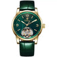 Men's automatic mechanical watch with gold-tone case, green leather strap, green dial, open-heart