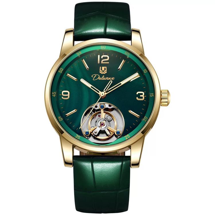 Men's automatic mechanical watch with gold-tone case, green leather strap, green dial, open-heart