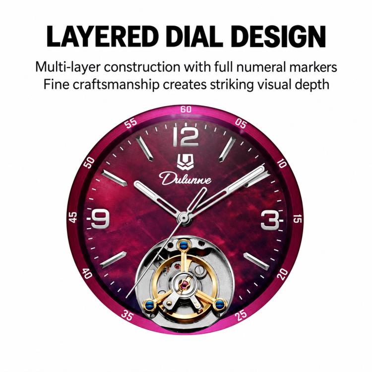 Close-up of maroon dial men's mechanical watch with skeleton open-heart movement and numeral markers