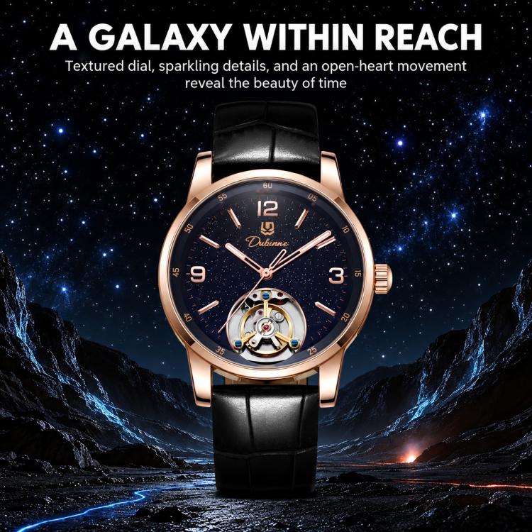 Men's automatic mechanical watch with rose-gold case, black leather strap, dark dial, open-heart