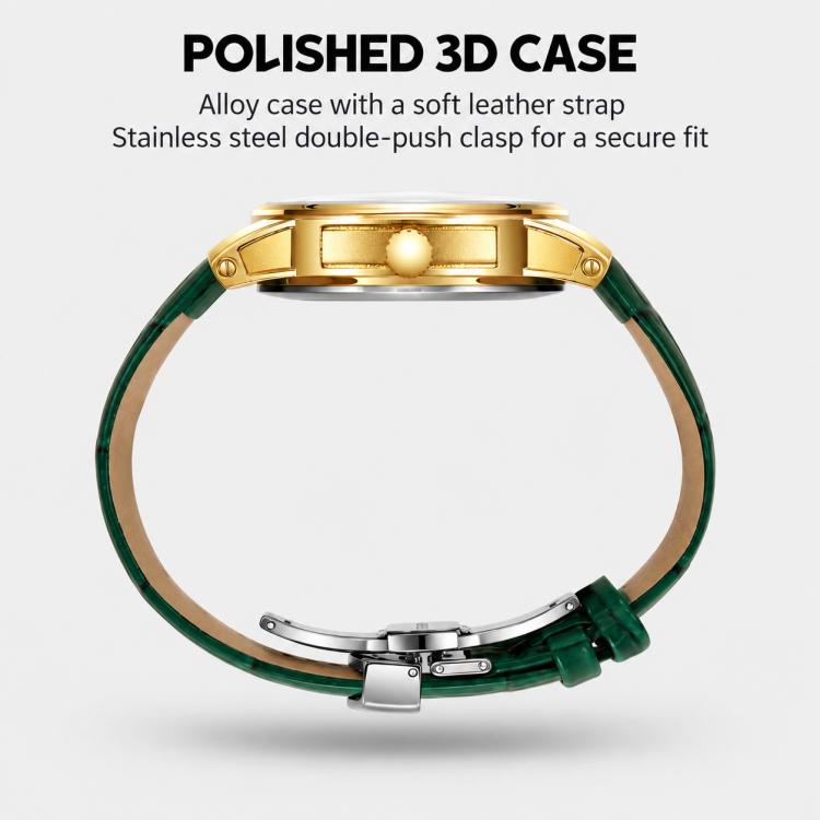 Men's automatic mechanical watch with white dial, gold case, green leather strap