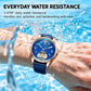 Men's automatic mechanical watch with blue dial, blue leather strap, round silver case