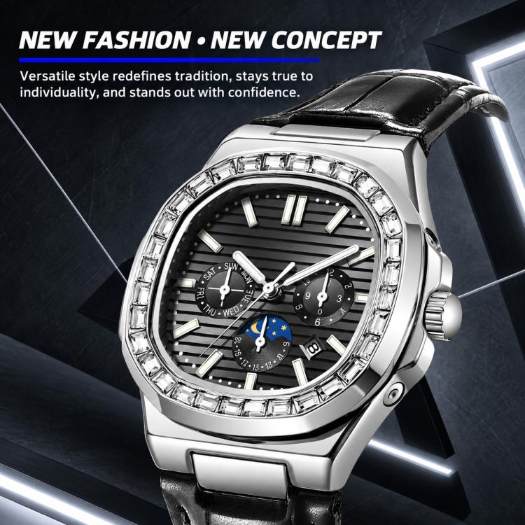 Men's diamond-look nautilus automatic watch, black dial, black leather strap