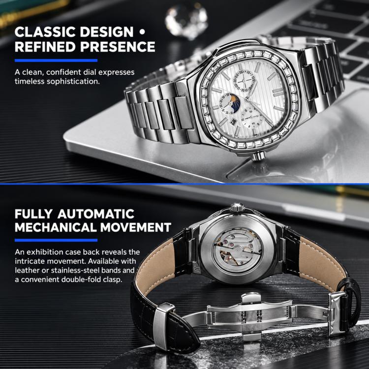 Dulunwe Nautilus automatic watch with steel bracelet and visible movement on open caseback