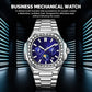 Men's diamond-look nautilus automatic watch, blue dial, silver steel bracelet