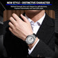 Men's diamond-look nautilus automatic watch on wrist, black dial, black leather strap
