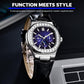 Men's diamond-look nautilus automatic watch, blue dial, black leather strap