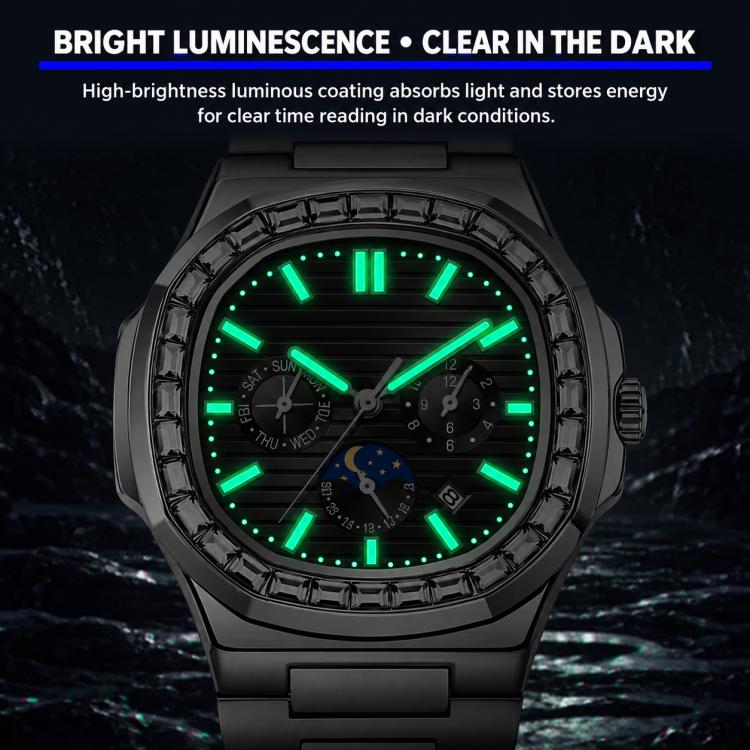 Dulunwe diamond-set Nautilus men's automatic watch with black case, green glow dial, black strap
