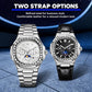 Dulunwe Nautilus automatic watch, steel bracelet and black leather strap shown side by side