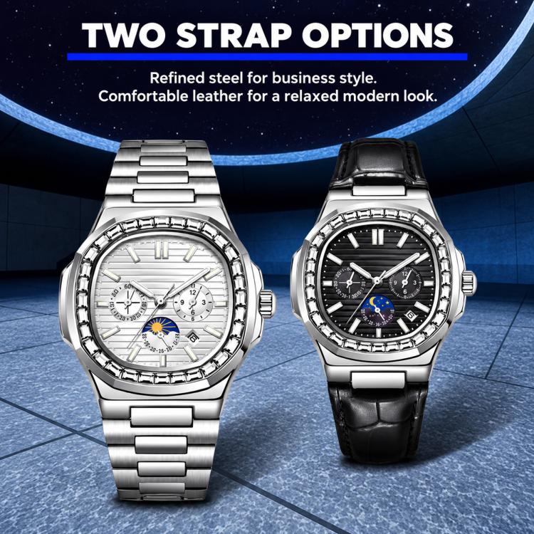 Dulunwe Nautilus automatic watch, steel bracelet and black leather strap shown side by side