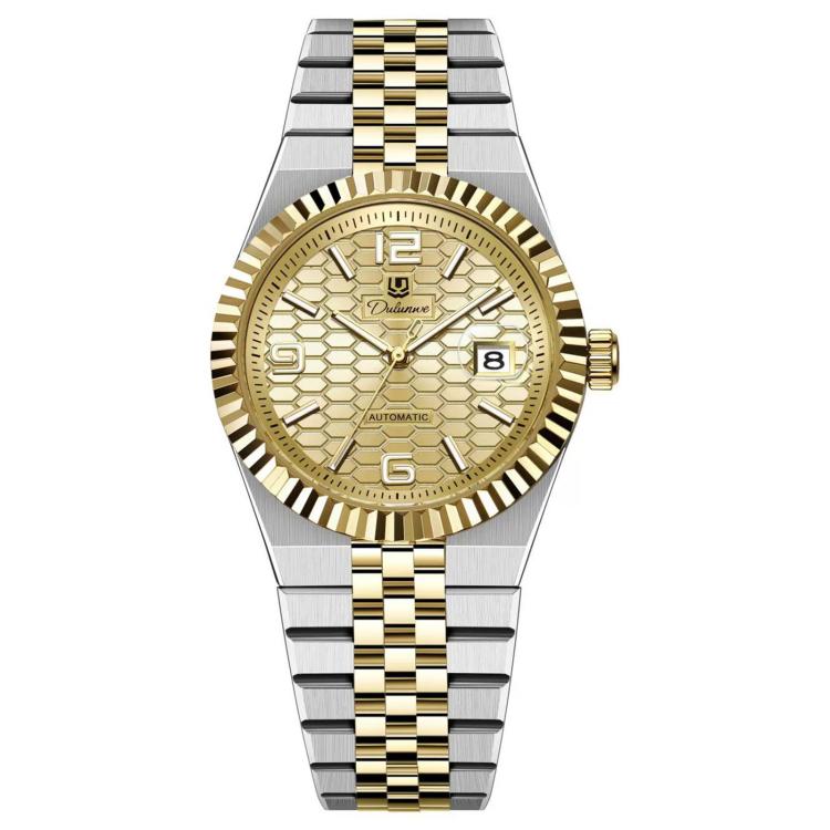 Gold-accented men’s automatic mechanical watch with honeycomb textured dial and date window
