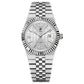 Men’s mechanical watch with silver bracelet and white honeycomb dial, gold hour markers