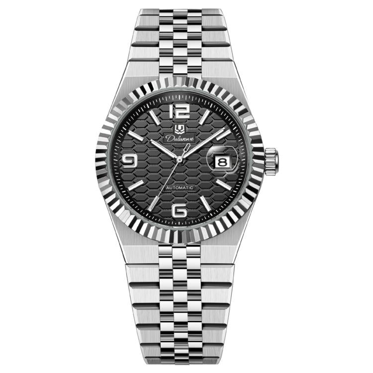 Men’s mechanical watch with black honeycomb dial, silver bracelet, and luminous hour markers