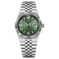Men’s mechanical watch with green honeycomb dial, silver bracelet, and date window at 3