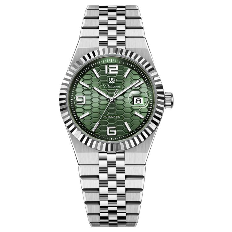 Men’s mechanical watch with green honeycomb dial, silver bracelet, and date window at 3