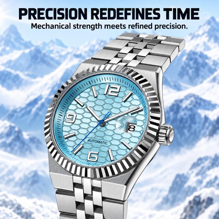Men’s automatic mechanical watch with light blue honeycomb dial and metal link bracelet