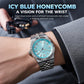 Men’s mechanical watch on wrist with icy blue honeycomb dial and dark metal link band