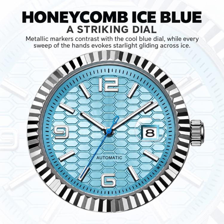 Men's automatic mechanical watch with blue honeycomb dial, silver bezel, steel bracelet