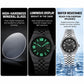 Men's automatic mechanical watch with dark honeycomb dial, green luminous hands, steel bracelet
