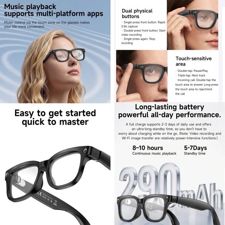 W711 Smart AI Glasses with 8MP HD Camera, BT Call, AI Voice Assistant, AI Translation, Electrochromic Lenses