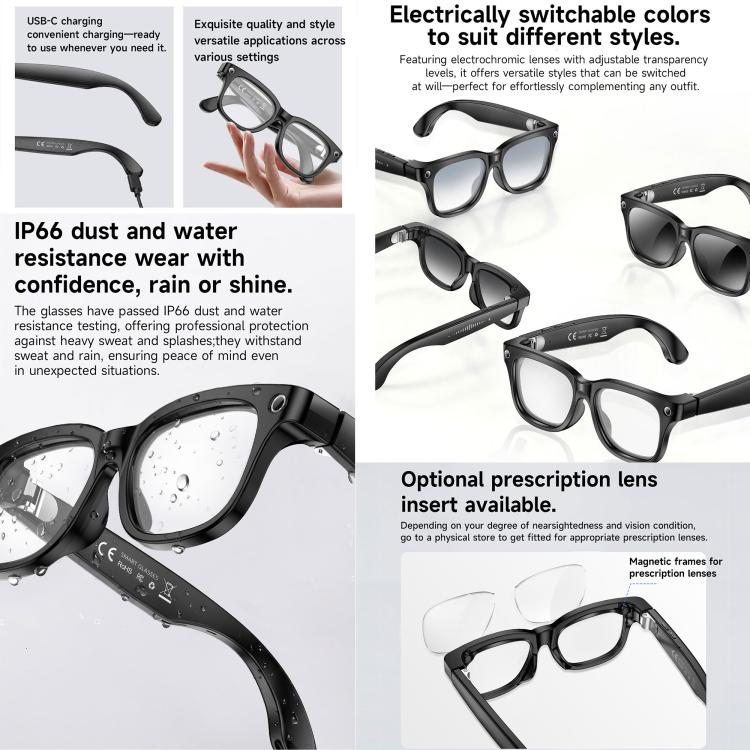 W711 Smart AI Glasses with 8MP HD Camera, BT Call, AI Voice Assistant, AI Translation, Electrochromic Lenses