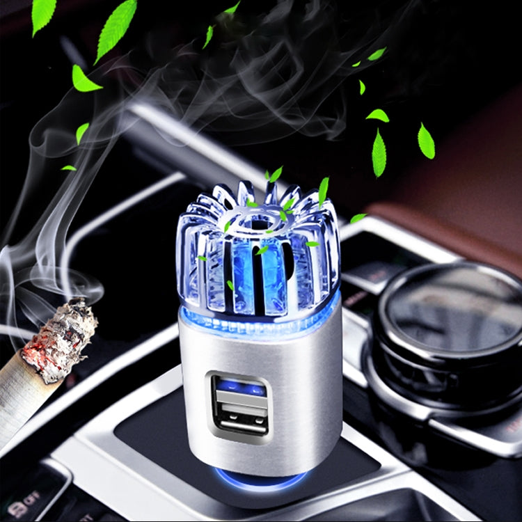 Silver car humidifier air purifier with dual USB ports and glowing LED top