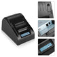 Black thermal receipt printer with close-up view of power button and side ports