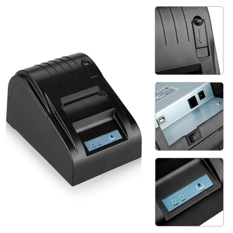 Black thermal receipt printer with close-up view of power button and side ports