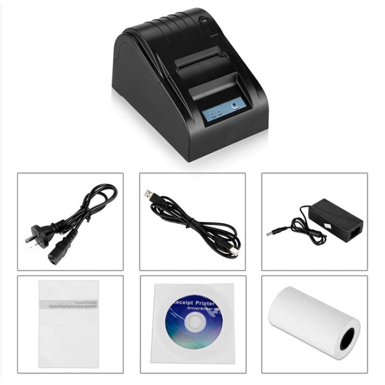 Black thermal receipt printer with included cables, paper roll, and software CD