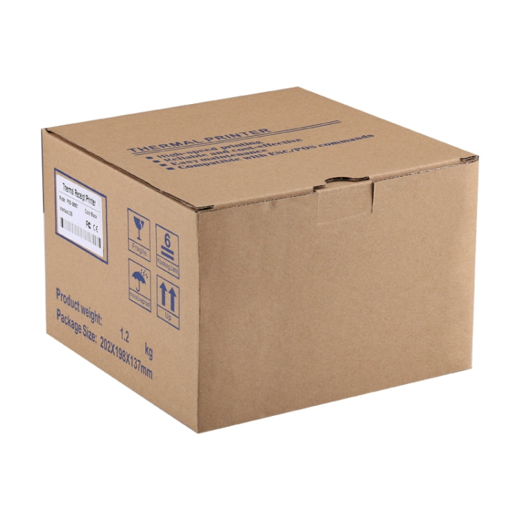 Thermal printer shipping box with product label and handling icons