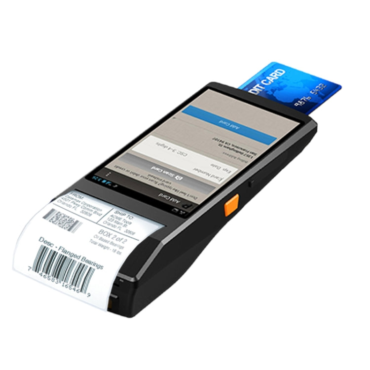 Black handheld intelligent terminal with touchscreen, thermal printer slot, and barcode label