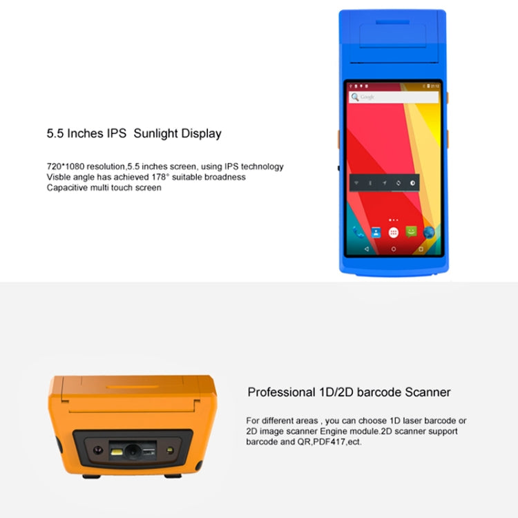 Blue handheld intelligent terminal with 5.5-inch IPS touchscreen and front controls