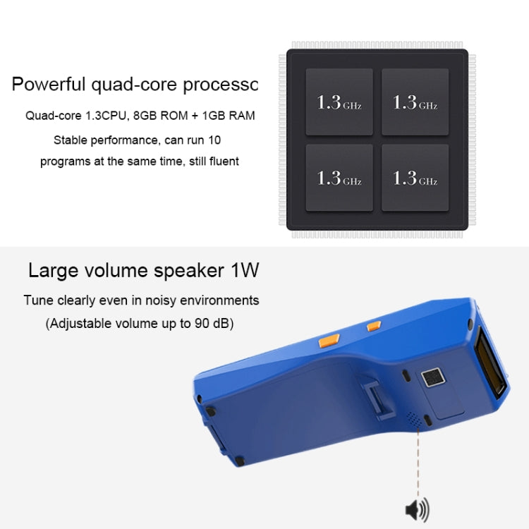 Blue handheld intelligent terminal rear view with speaker grille area