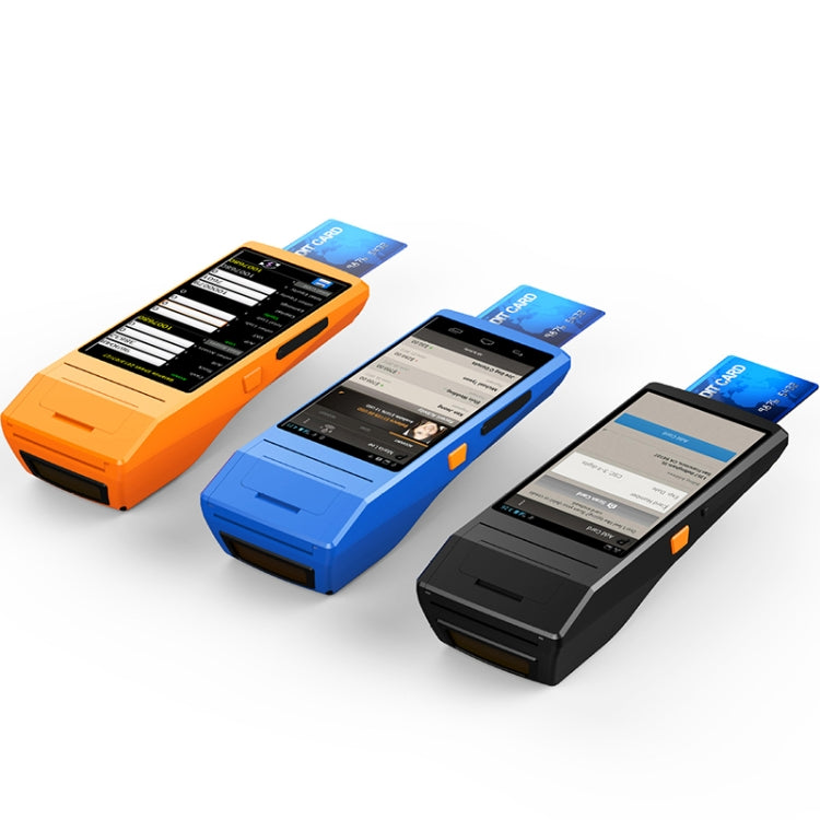 Trio of intelligent terminals (blue, orange, black) with touchscreen and thermal printer