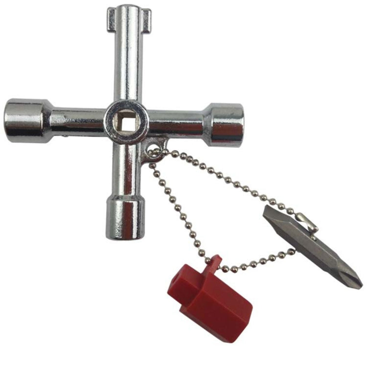 4-in-1 multifunctional cross key wrench, silver finish with hanging chain and tools