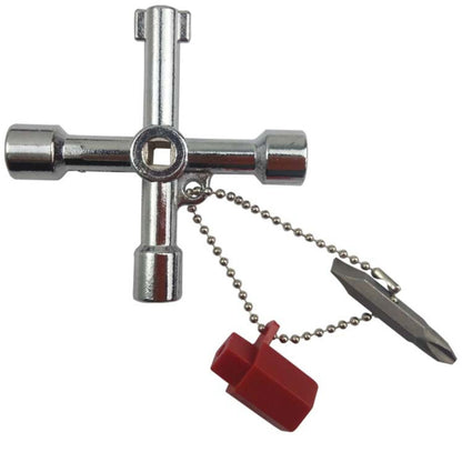 4-in-1 multifunctional cross key wrench, silver finish with hanging chain and tools