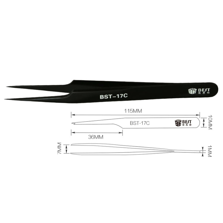 Eyelash extension tweezers size diagram for BST-17C with length measurements