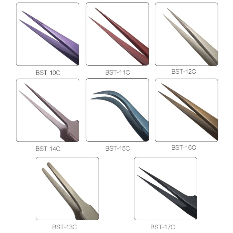 Assorted eyelash extension tweezers on cards, including BST-17C black tips