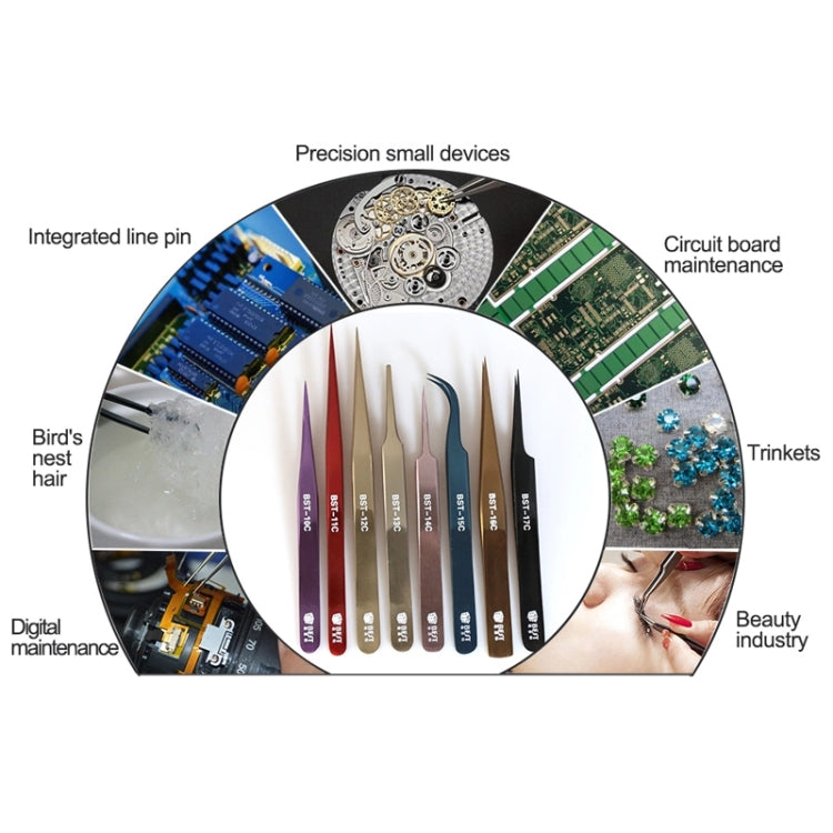 Infographic showing multiple precision tweezers for beauty industry, various tip styles