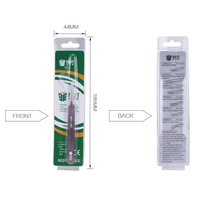 Eyelash extension tweezers blister pack with front/back views and BST-17C details