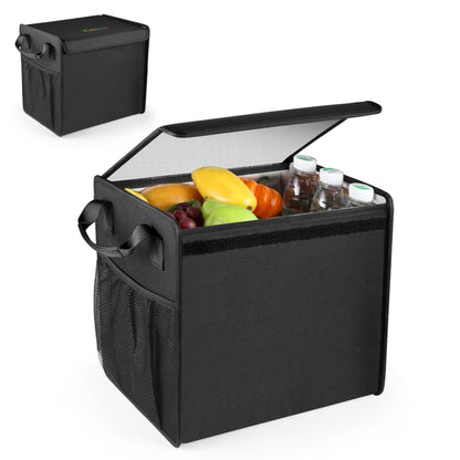 Foldable black trunk organizer cooler bag, open top with food containers inside