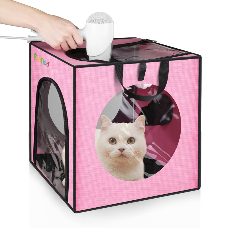 Pink folding pet bath drying box with circular front window and mesh sides