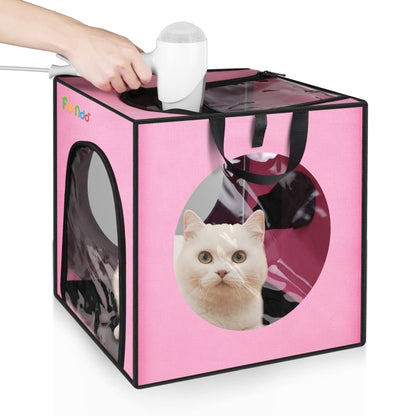 Pink folding pet bath drying box with circular front window and mesh sides