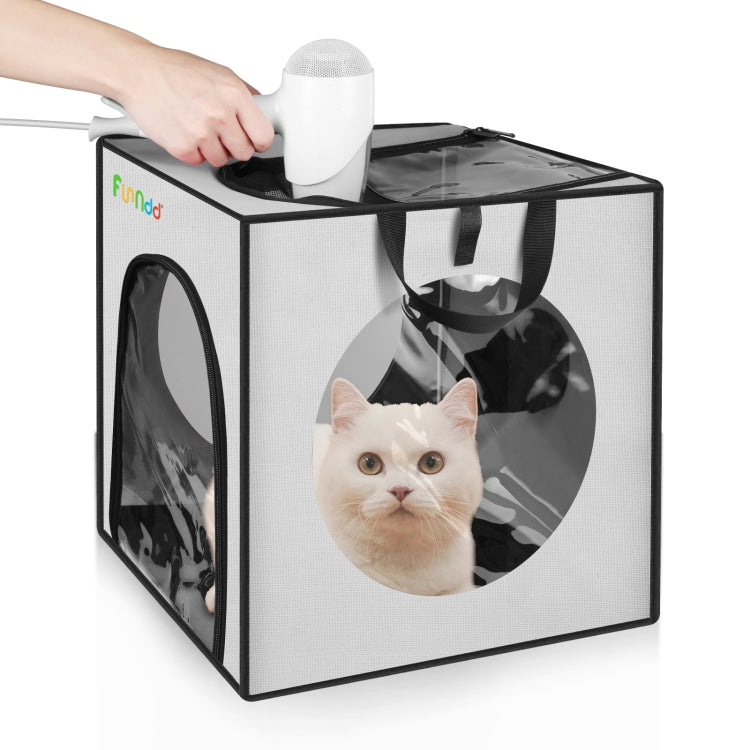 Grey and white folding pet bath drying box with circular front window and top blower