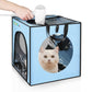 Blue folding pet bath drying box with circular front window and cat inside