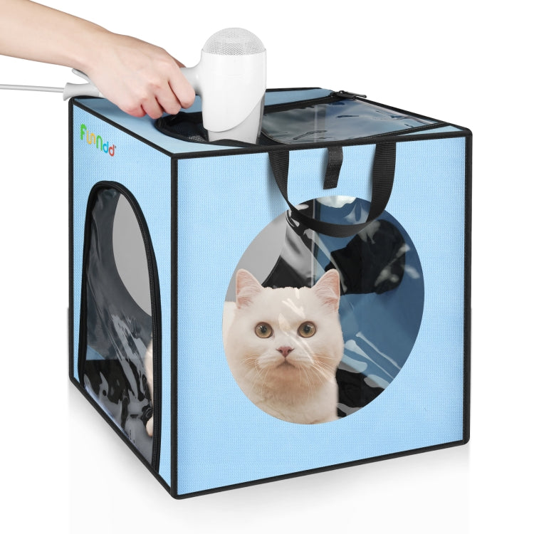 Blue folding pet bath drying box with circular front window and cat inside