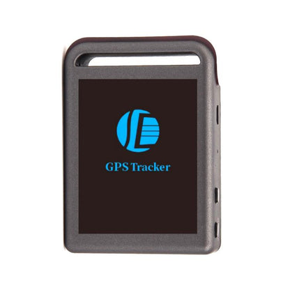 GPS tracker device with dark casing and screen showing GPS Tracker logo